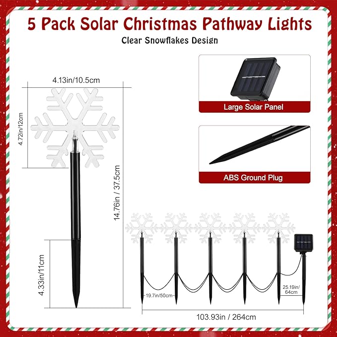 Lewondr Solar Christmas Pathway Lights, 5 PCS Solar Christmas Decorations Outdoor with 2 Lighting Modes, Clear Snowflake Lights with Garden Stake, Waterproof Garden Yard Lawn Patio Holiday Decor