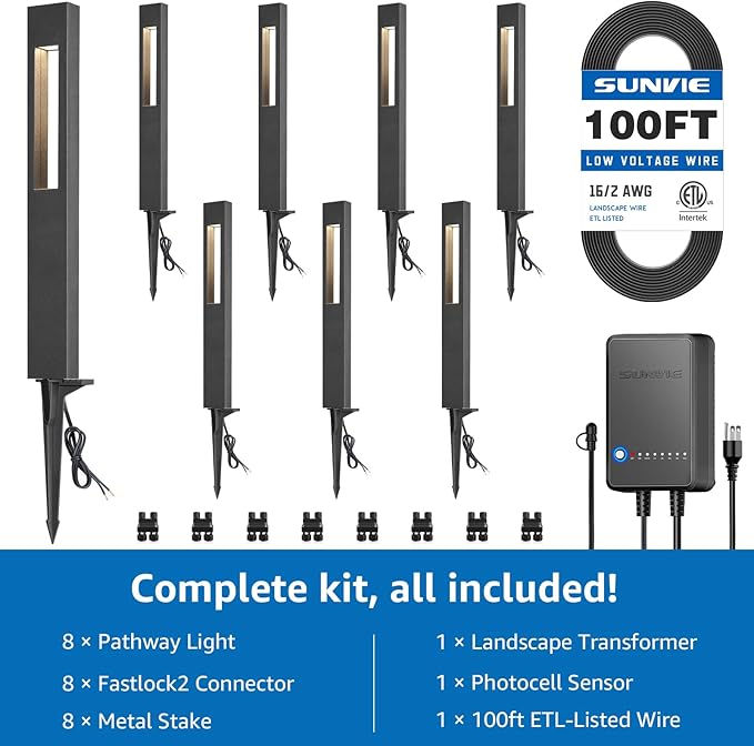 SUNVIE All-In-One LED Low Voltage Landscape Lighting Kit, 8-Pack Pathway Lights with Transformer and 100FT 16/2 AWG | Lumora