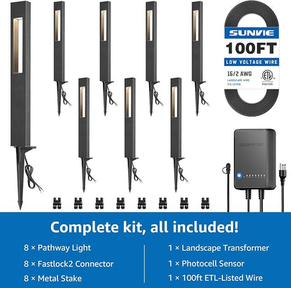 SUNVIE All-In-One LED Low Voltage Landscape Lighting Kit, 8-Pack Pathway Lights with Transformer and 100FT 16/2 AWG Wire, 3000K Waterproof Landscape Path Lights with Connectors for Walkway Garden Yard