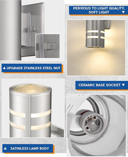 TENGXIN 2 Pack Outdoor Wall Light,Up Down Modern Exterior Wall Sconce with Stainless Steel Cylinder,Brushed Nickel Finsh Wall Mount Light