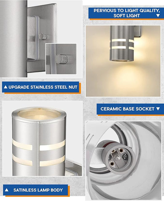 TENGXIN 2 Pack Outdoor Wall Light,Up Down Modern Exterior Wall Sconce with Stainless Steel Cylinder,Brushed Nickel Finsh Wall Mount Light