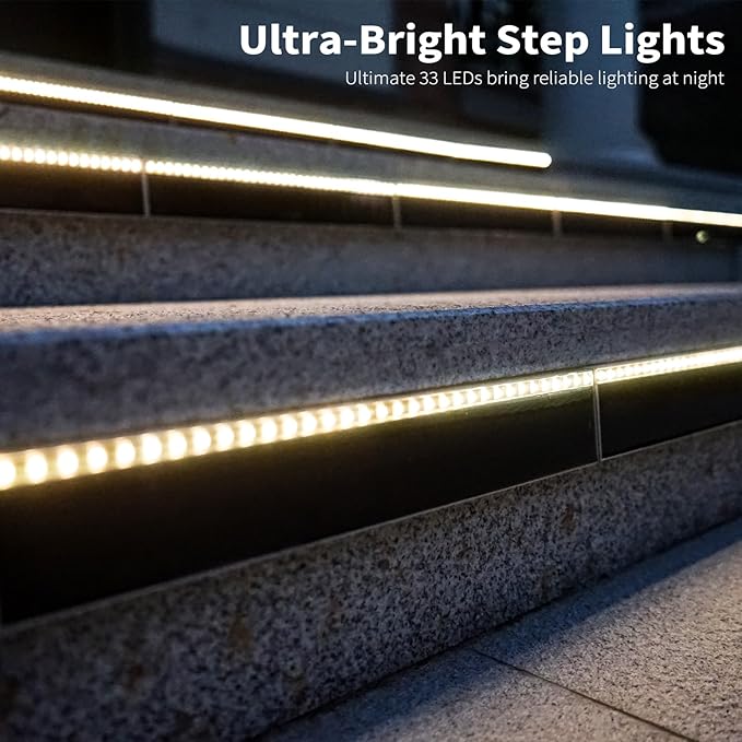 Solar Step Lights for Outside, 33 Focused-Beam High-Brightness LEDs, Waterproof Aluminum Outdoor Stair Light for Risers, Curbsides, Poolsides, Planter Edges (Warm White, 12Pack)