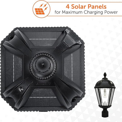 Gama Sonic Outdoor Solar Post Light, Black Aluminum, Royal Bulb, Rain Water Glass, Single Lamp with 3-inch Fitter for Lamp Posts Warm White LED, 98B012 (Upgraded Panel and Battery)