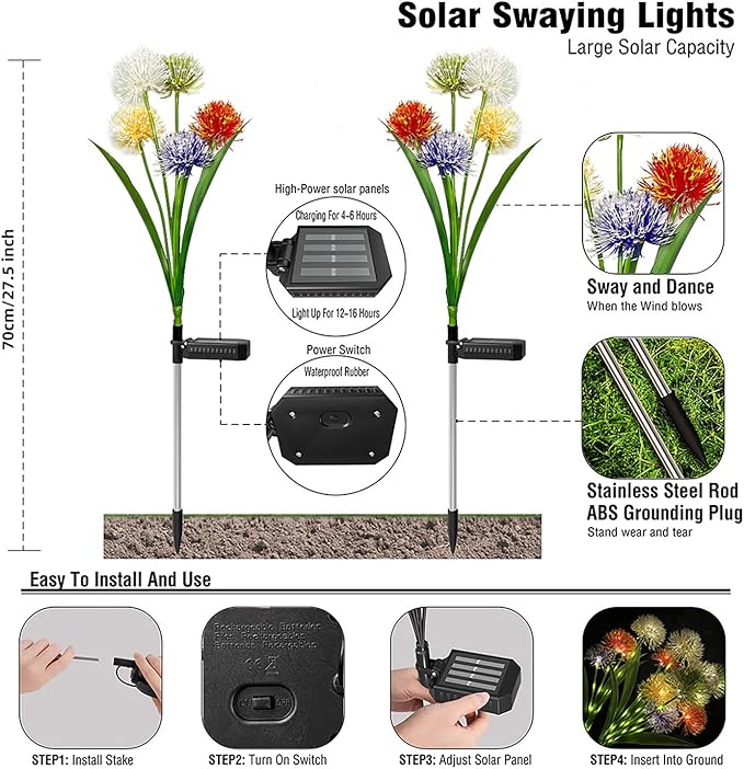 Solar Lights for Outside Waterproof,Outdoor Garden Light Yard Patio Pathway Decoration w High Flexibility Iron Wire, Dandelion Light for House Landscape Lighting/Pathway/Yard Décor