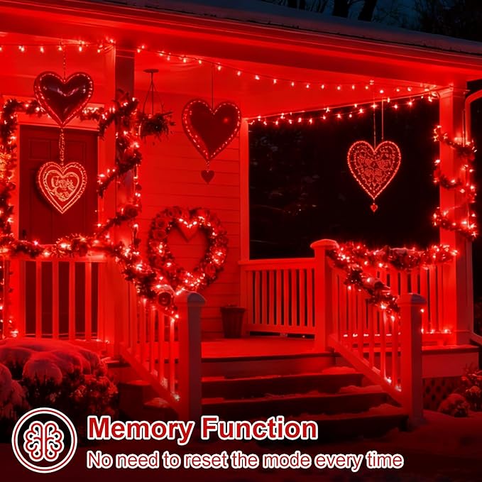 QITONG Red Valentine Solar String Lights, 2 Pack Each 66ft 200 LED Christmas Lights Outdoor Waterproof, 8 Modes | Lumora