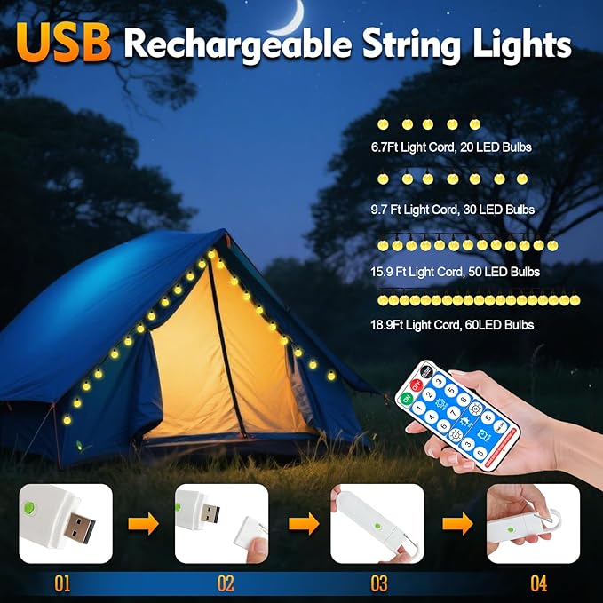 SMY Lighting 13FT Rechargeable Battery Operated 20 LED Crystal Globe String Lights Outdoor/Indoor, Patio Hanging | Lumora