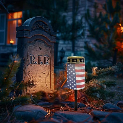 Poceacles Solar Lights Outdoor Lights Solar Powered Cemetery Lights Grave Solar Candles Outdoor Stake Lights Garden Solar Lantern Waterproof Decoration, American Flag Butterfly, Pack of 4