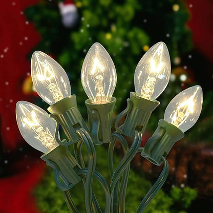 Abeja C7 Clear Christmas Lights Warm White, 25Ft Outdoor Incandescent String Lights with 27 Bulbs(2 Spare), Green Wire Connectable Vintage Decor Light for Patio, Christmas Party, House