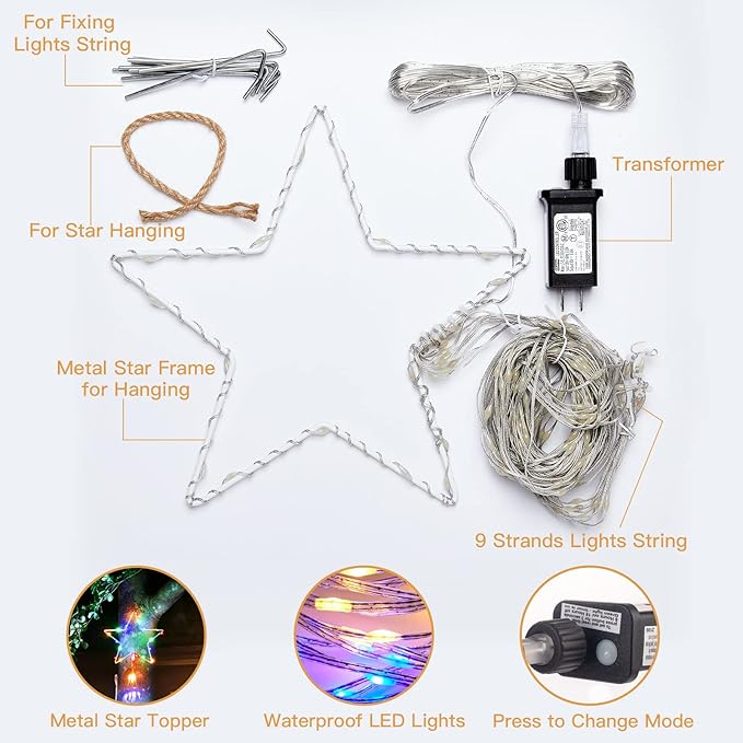 Christmas Decorations Star String Lights - 344 LED Waterfall Tree Lights with 11" Topper Iron Star Christmas Lights Indoor Outdoor Decorative for Wedding Party Home Holiday Decoration, Muitlcolor
