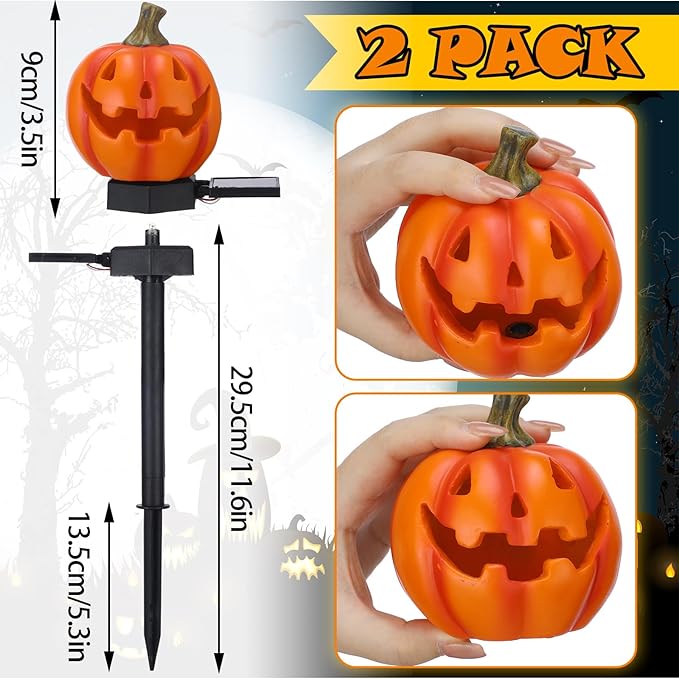 Retisee 2 Pcs Halloween Pumpkin Pathway Solar Lights Orange Jack O Lantern Stake Lights for Outdoor Halloween Decorations Yard Display LED Front Porch Decor(Classic Style,Orange)