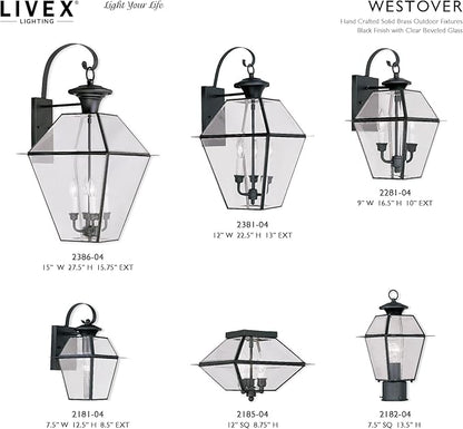 Livex Lighting 2281-04 Westover 2 Light Outdoor Black Finish Solid Brass Wall Lantern with Clear Beveled Glass