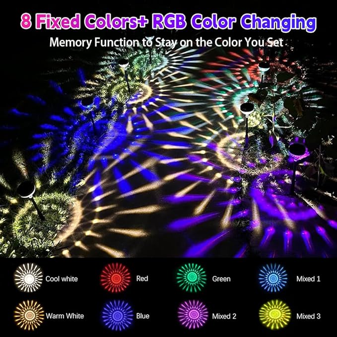6Pack Solar Pathway Lights Outdoor, Color Changing+8 Fixed Color (Warm White, Cool White, Colored) Solar Lights | Lumora