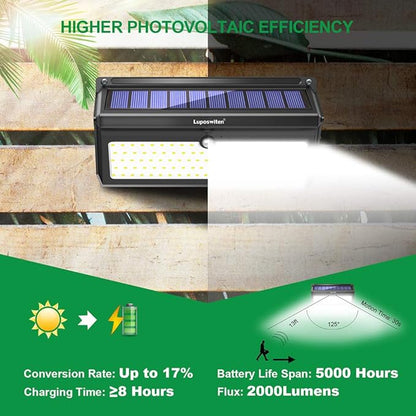 Luposwiten 100 LED Solar Lights Outdoor Waterproof - 2000 Lumens Solar Motion Lights Outdoor with 125° Lighting Angle, Easy-to-Install for Front Door, Yard, Garage, Garden (2-Pack)