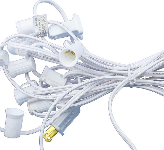 EST. LEE DISPLAY L D 1902 Outdoor Patio String Light Cords with Male & Female Plugs Green & White Wire 12in Spacing Sockets, 25FT Length (White, C9 - E17)