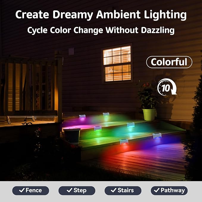 4 Pack Color Change Solar Step Lights Outdoor Small Waterproof RGB LED Stair Lamp Outside Decorative Lighting for Deck, Staircase, Railing, Pool, Retaining Wall, No Drill Install(White Shell)