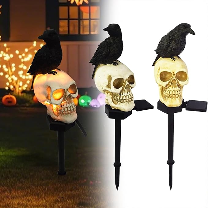 Halloween Skull Lights Crow on Skull Solar Pathway Lights Waterproof Scary Skeleton LED Outdoor Decorations, Realistic Resin Material for Patio Lawn Yard Garden Home Halloween Party (A)