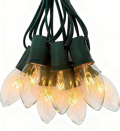 C9 Clear Christmas Lights 25FT, C9 Outdoor Patio String Lights with 26 Warm White Bulbs, Vintage Christmas Tree Lights for Roofline Roof Party Garden Decoration (Green Wire)