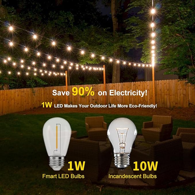 33FT Outdoor Waterproof String Lights with 11 Shatterproof Bulbs, IP65 Patio Lights for Garden Wedding Cafe - Tangle-Free Cables with Hooks (Warm White)