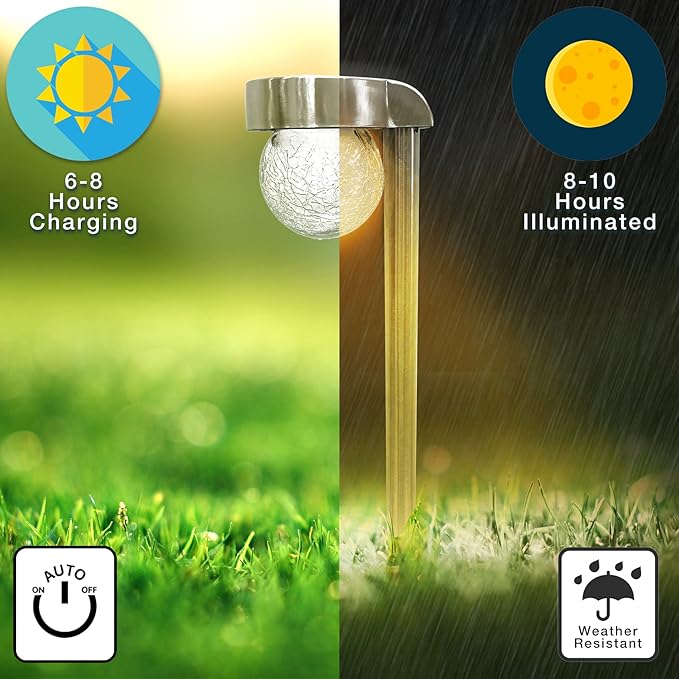Crosslight Solar Powered Pathway Lights (4 Pack) - Hanging Crackled Ball Outdoor LED Lights, Waterproof for Garden, Yard, Patio, Lawn, Walkway - Decorative Ground Stake Lighting | Warm White