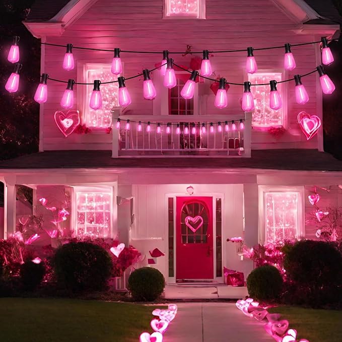 LAMPHOME 2-Pack 26Ft ST38 Pink Valentine's Day Patio Lights ，Outdoor String Lights with 12+1 ST38 Edison Bulbs | Lumora