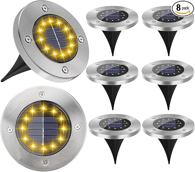 Solar Garden Lights Outdoor, 8 Packs Bright Solar Powered Ground Light with Updated 12 LEDs, Waterproof Disk Warm | Lumora