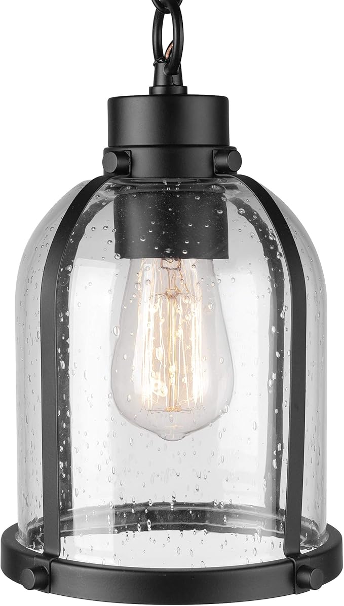 Globe Electric 44627 1-Light Outdoor Pendant, Matte Black, Clear Seeded Glass Shade, Bulb Included | Lumora