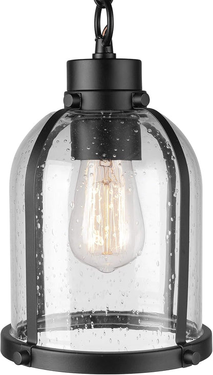 Globe Electric 44627 1-Light Outdoor Pendant, Matte Black, Clear Seeded Glass Shade, Bulb Included