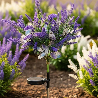 Solar Garden Decor Lights Outdoor, Lavender Butterfly Flower Stakes Light, 2 Pack Waterproof LED Flower Lights, for Garden Pathway Patio Backyard Landscape (Warm White)