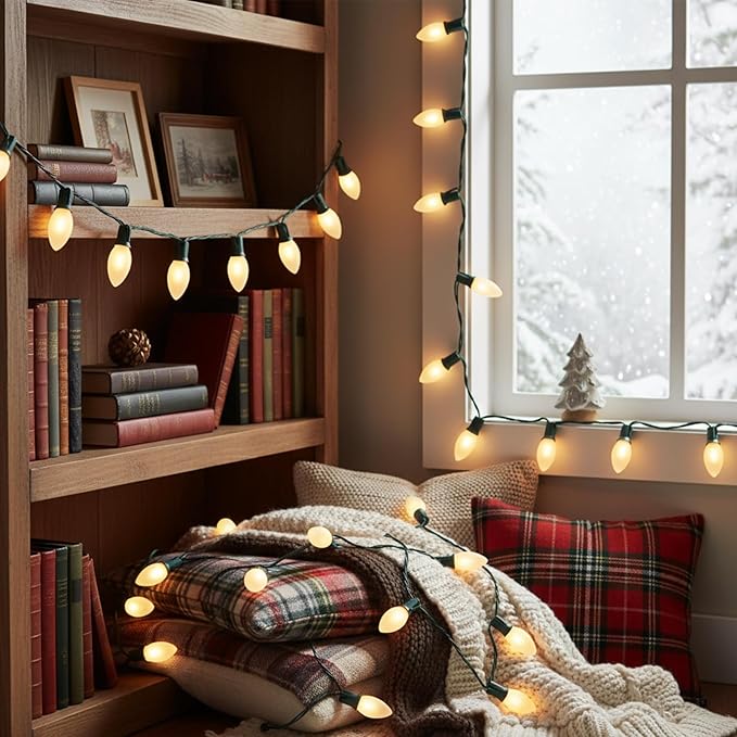 25 FT C9 Frosted Christmas Lights,Warm White Outdoor Light with 26 Bulbs(1 Spare), C9/ E17 Base,Old Fashioned Christmas Lights for Roofline, Yard, Garden, Wedding Decorations