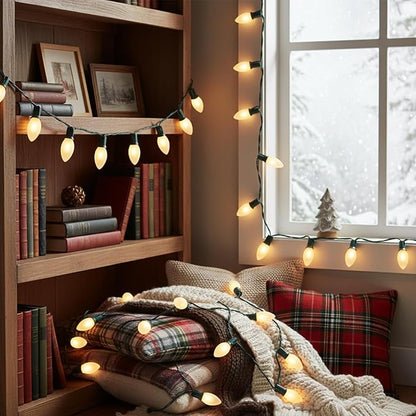 25 FT C9 Frosted Christmas Lights,Warm White Outdoor Light with 26 Bulbs(1 Spare), C9/ E17 Base,Old Fashioned Christmas Lights for Roofline, Yard, Garden, Wedding Decorations