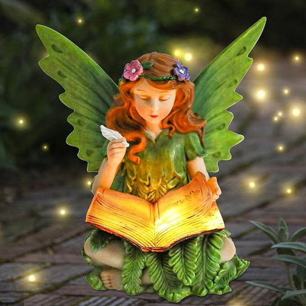Afirst Solar Garden Fairy Statue, Green Fairy Solar Light Outdoor Resin Statues Figurine Light, Angel Reading Book | Lumora
