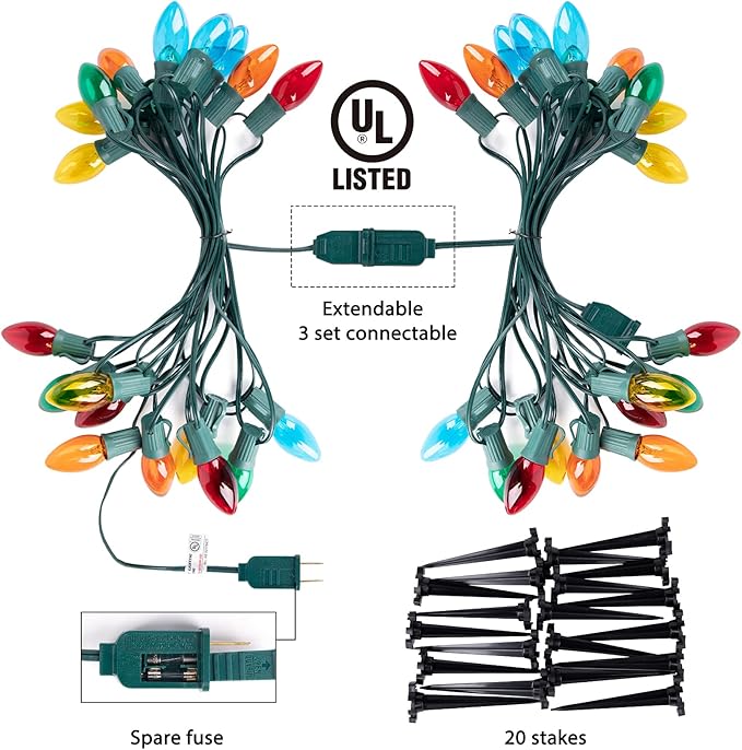 Brightown C9 Christmas String Lights Outdoor, 25.7 Feet 20 Bulbs Pathway Lights Waterproof Replaceable for Indoor Xmas Party Holiday Wedding Commercial Decorations, Multicolored