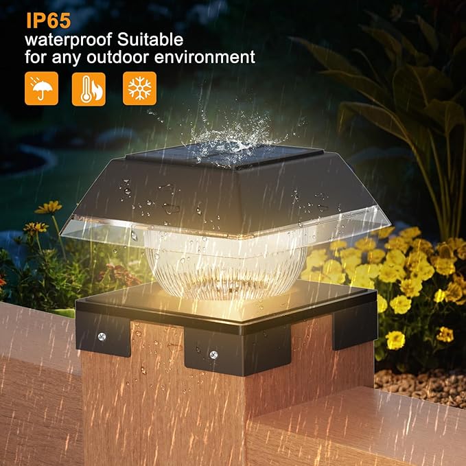 Solar Post Cap Light Outdoor, IP65 Waterproof Black Deck Post Lights for 4x4 Wood/Vinyl, Fence Posts Solar Lights with 2 Color Modes Decorate Backyard Garden Railing Mailbox Posts, 4 Pack