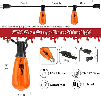 Halloween Flicker Flame String Lights Outdoor, 10Ft Halloween Decorations Lights with 10 ST40 Edison Orange Flame Bulbs, Outdoor Orange Lights for Patio Party, Black Wire