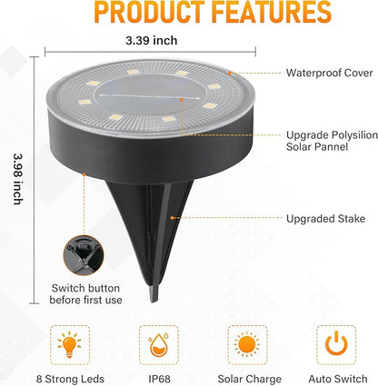 Siatom Solar Ground Lights 8 Pack, IP68 Waterproof Solar In-Ground Light for Outdoor, Flat Landscape Lighting, Garden Disc Light for Pathway, Walkway, and Yard - 8 Pcs (Warm White)