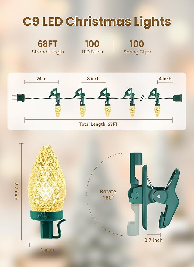 C9 LED Christmas Lights Outdoor, 68 Feet 100 LED Strawberry String Lights With 100 Spring Clamps, Waterproof Commercial Grade Extendable for Outside Roofline Patio Home Xmas Decoration, Warm White