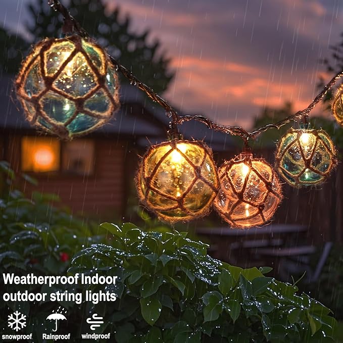 Decorative String Lights Plug in with 10 Incandescent Bulbs, Nautical Fishing Float String Lights Connectable Weatherproof for Indoor Home Tiki Bar Decor and Outdoor Patio Decorations (Three-color)