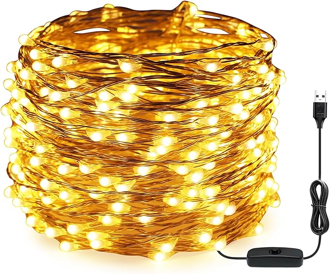RUICHEN USB Plug in String Lights Silver Wire 66 Ft 200 LED Starry Fairy Lights with On/Off Switch, Warm White