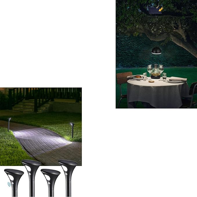LEONLITE Pathway Lights Bundle Pathway Lights, 4-Pack LED Solar Powered Motion Sensor Pathway Lights, 6500K & 1-Pack 3CCT Solar Pendant Lights with Remote Control, Auto Dusk to Dawn, IP65, Black