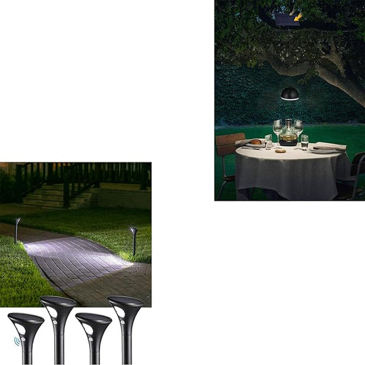 LEONLITE Pathway Lights Bundle Pathway Lights, 4-Pack LED Solar Powered Motion Sensor Pathway Lights, 6500K & 1-Pack 3CCT Solar Pendant Lights with Remote Control, Auto Dusk to Dawn, IP65, Black