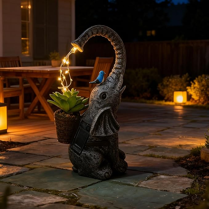 Solar Powered Garden Statue with LED Lights, Grey Stone Resin Elephant Planter, Decorative Outdoor Sculpture with Birds and Succulents,for Balcony, Garden, Patio, Yard, Lawn(Gray)