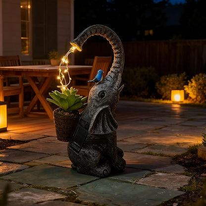 Solar Powered Garden Statue with LED Lights, Grey Stone Resin Elephant Planter, Decorative Outdoor Sculpture with Birds and Succulents,for Balcony, Garden, Patio, Yard, Lawn(Gray)
