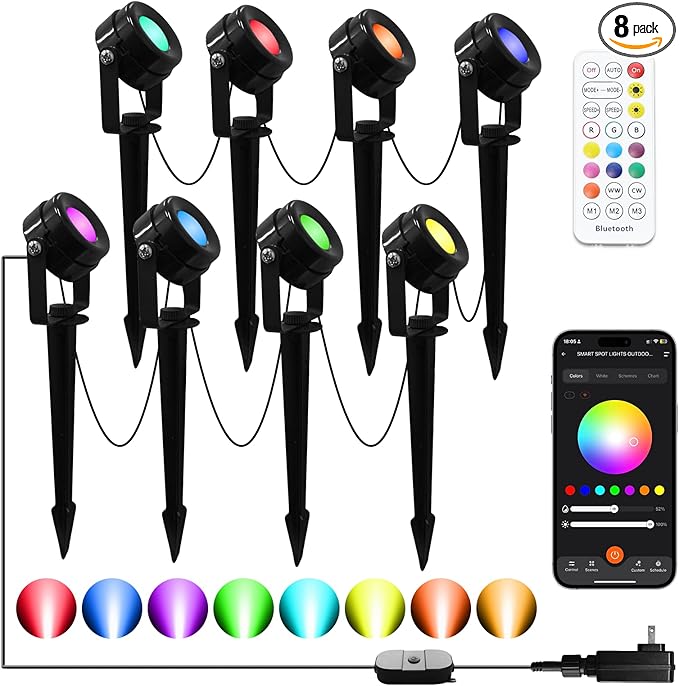 Smart RGBW Landscape Lights, 8 Pack Low Voltage Landscape Lighting with APP & Remote Control, IP65 Waterproof and | Lumora