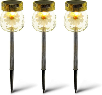 Crosslight 3-Pack Glass Daisy Flower in a Jar Stake Lights - Solar LED Waterproof Outdoor Garden Decor - Decorative Electronic Light Fixture Jars for Yard, Lawn, Patio, Deck, Pathway, Pond, Backyard