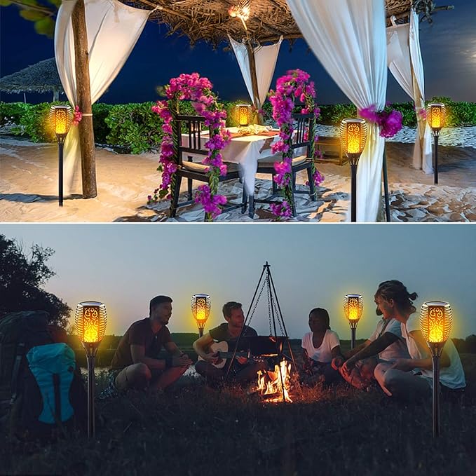 Large Size Solar Torch Light with Flickering Flame, Fire Effect Garden Lights Outdoor, IP65 Waterproof Tiki Torches for Pathway Yard Decor, Auto On/Off - Landscape Lighting (8 Pack)