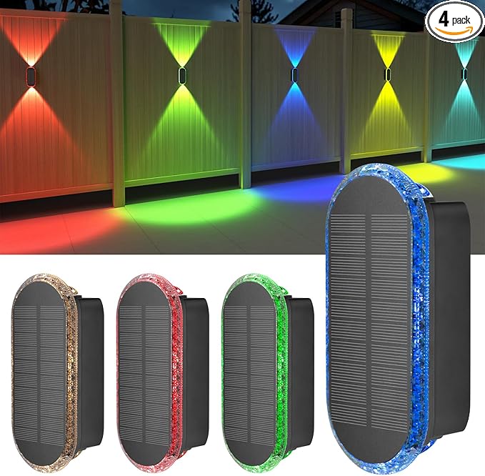 Ellasay Solar Fence Lights Backyark: 4-Pack Fence Lights Solar Powered 8 WRGB Color Modes - Up & Down Waterproof Solar Wall Lights for Outdoor/Yard/Poolside/Porch/Patio/Railing