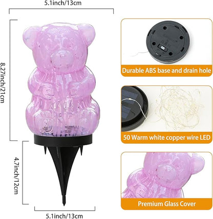 Solar Lights Outdoor, Cracked Glass Bear Lights for Garden, Outside, Decorative LED Decorations for Patio and Yard Lawn Backyard Decor, Waterproof, Pink