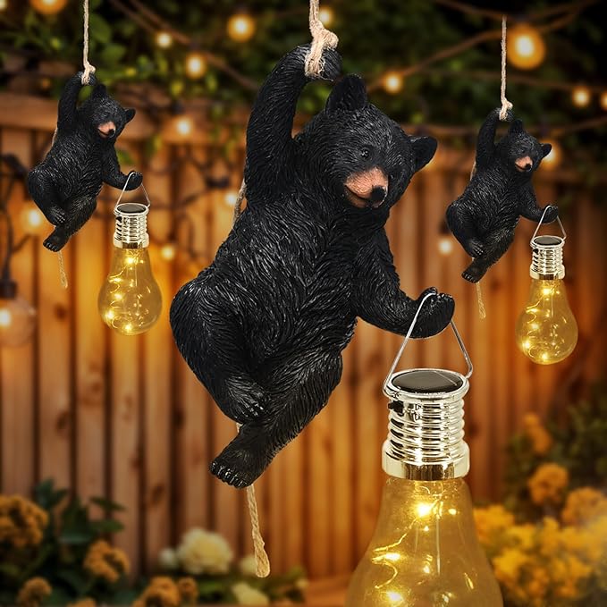 Solar Bear Statues Outdoor: Hanging Garden Decor for Outside Cabin Porch Light Yard Decorations Tree Ornaments Small Resin Figurines Funny Gifts Mama Women