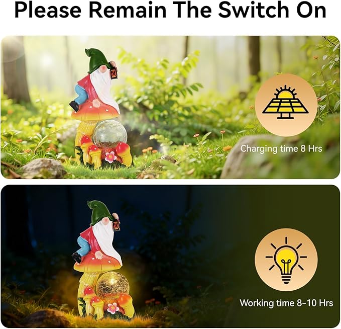 Garden Gnomes Outdoor Statues with Light, Spring Gnomes Decorations for Yard, Solar Garden Gnome with Mushroom Decor, Lawn Ornaments for Patio, Balcony Housewarming- Unique Women Gifts