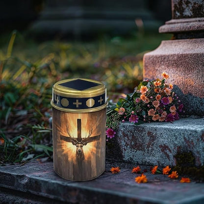 Poceacles 6 PCS Cross Outdoor Solar Lights Solar Garden Lights Cemetery Solar Lights Water Resistant Pillar Candle Solar Garden Stake Lights for Cemetery Grave Decorations, Deer Cross Wood Grain